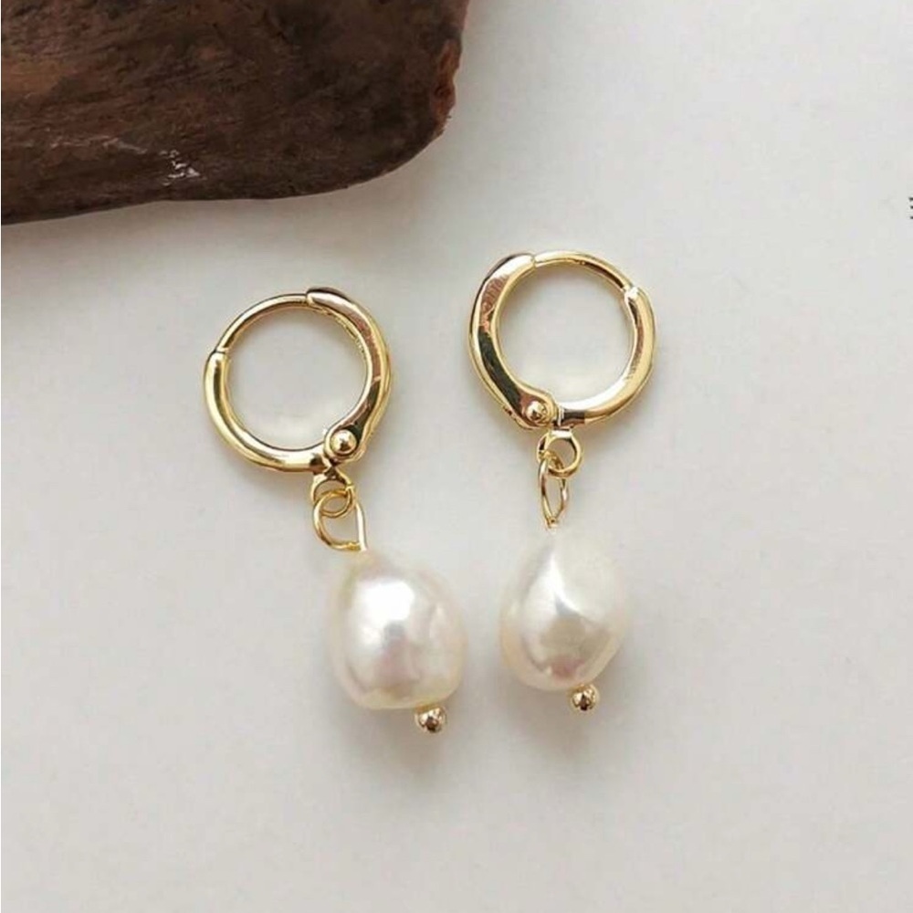 Pearl Drop Hoop Earrings Round Pearl Dangle Minimalist Jewelry - Picture 4 of 8